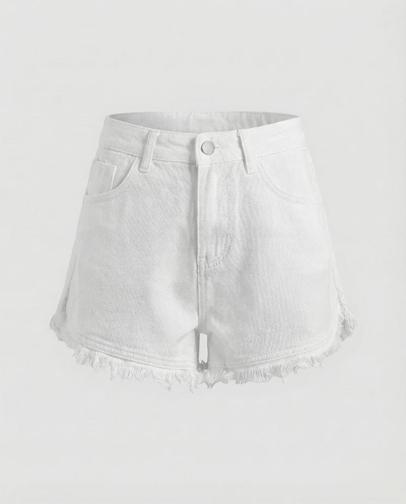 Damen nan hochgeschnittene Denim-Shorts mit ausgefranstem Doppelstufen-Saum und taillenbetonter Passform