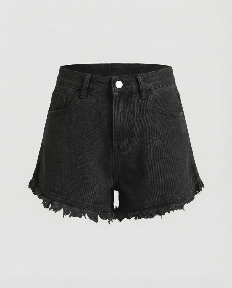 Damen nan hochgeschnittene Denim-Shorts mit ausgefranstem Doppelstufen-Saum und taillenbetonter Passform