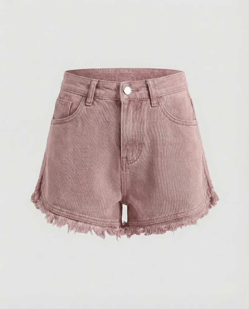 Damen nan hochgeschnittene Denim-Shorts mit ausgefranstem Doppelstufen-Saum und taillenbetonter Passform