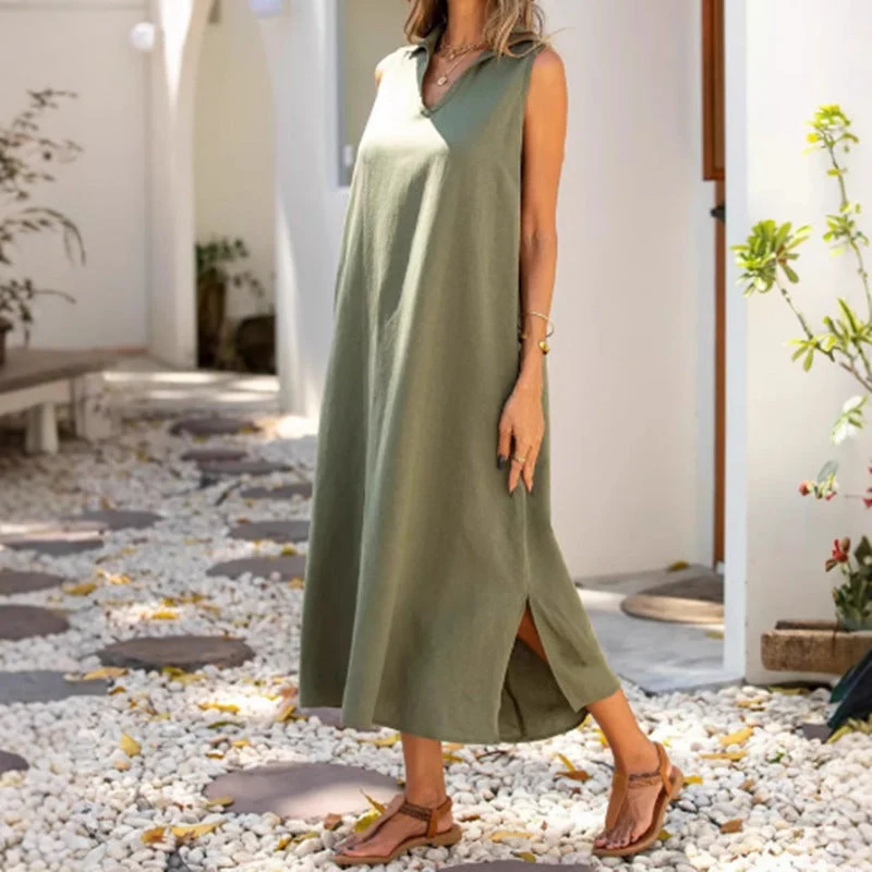 Damen Langes Sommerkleid mit klassischem Kragen und seitlichen Schlitzen
