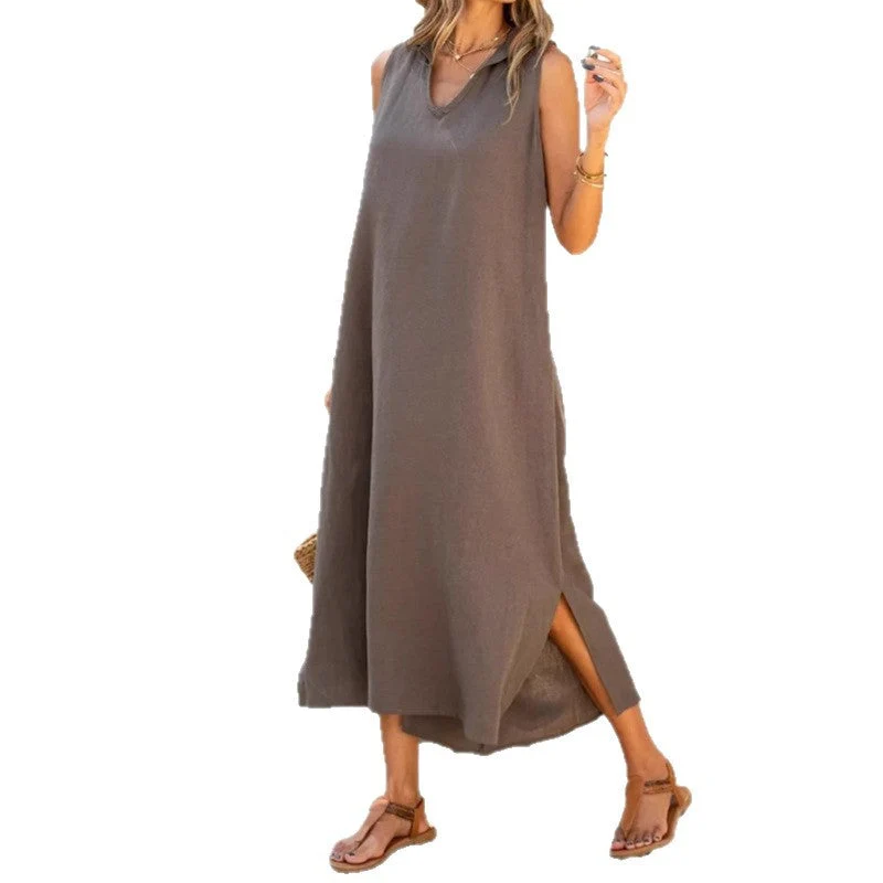 Damen Langes Sommerkleid mit klassischem Kragen und seitlichen Schlitzen