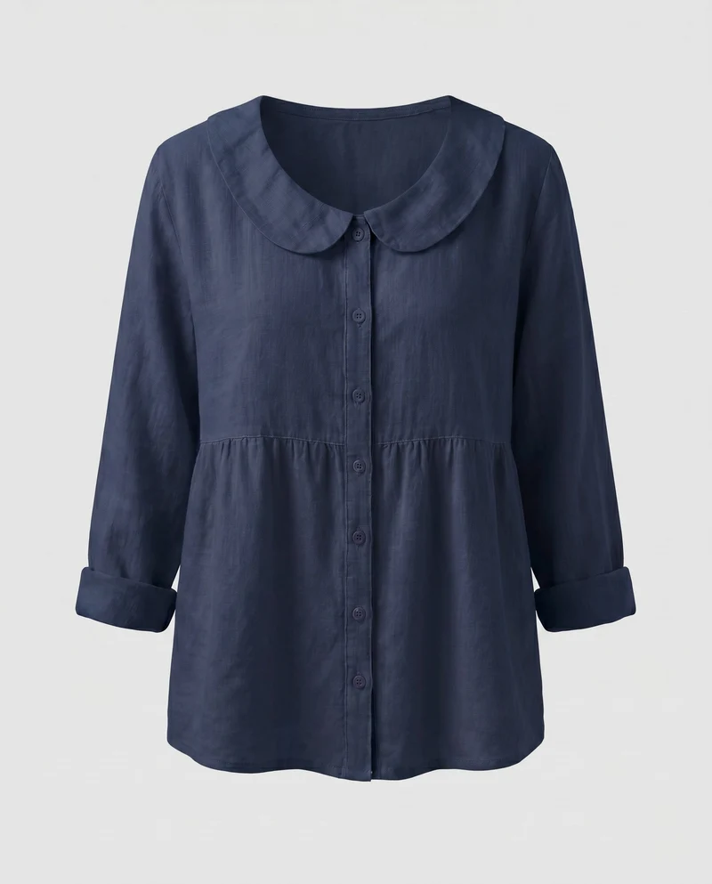 Damen luftige Bluse mit breitem Kragen und Knopfleiste