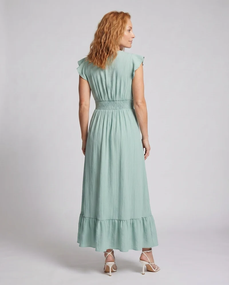 Damen Maxi-Wickelkleid Smokbund Volantstufe Flügelärmel