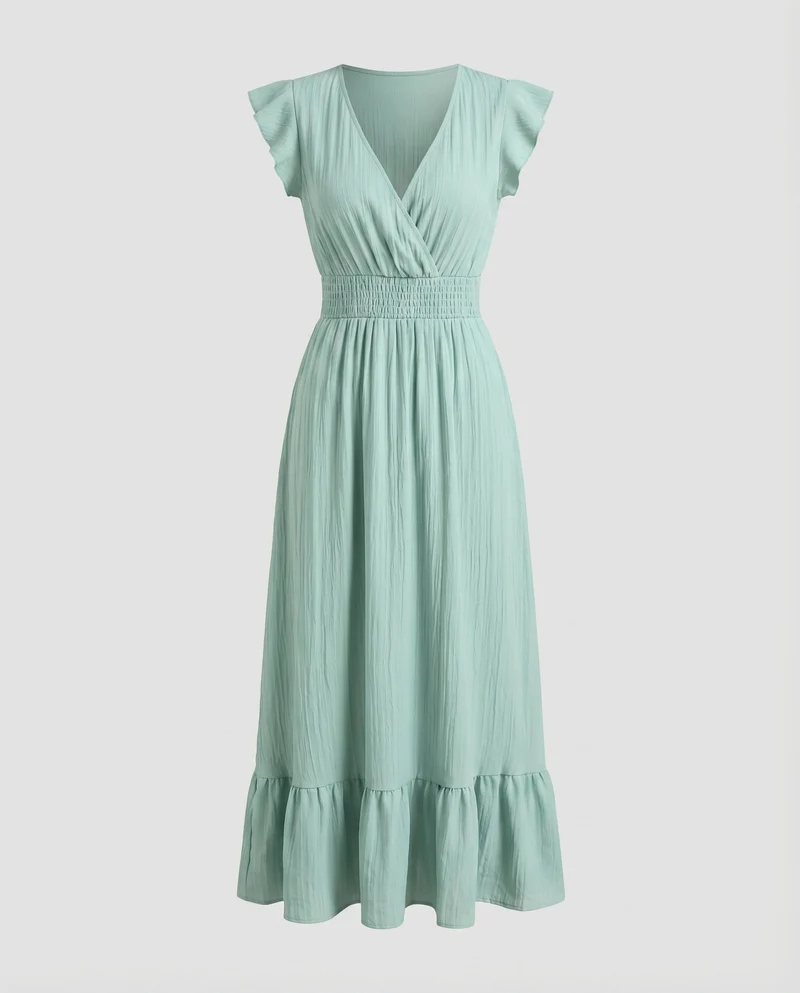Damen Maxi-Wickelkleid Smokbund Volantstufe Flügelärmel