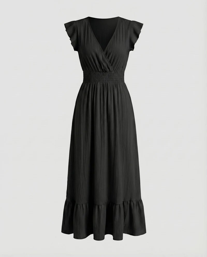Damen Maxi-Wickelkleid Smokbund Volantstufe Flügelärmel
