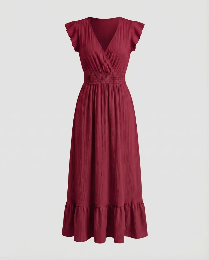 Damen Maxi-Wickelkleid Smokbund Volantstufe Flügelärmel
