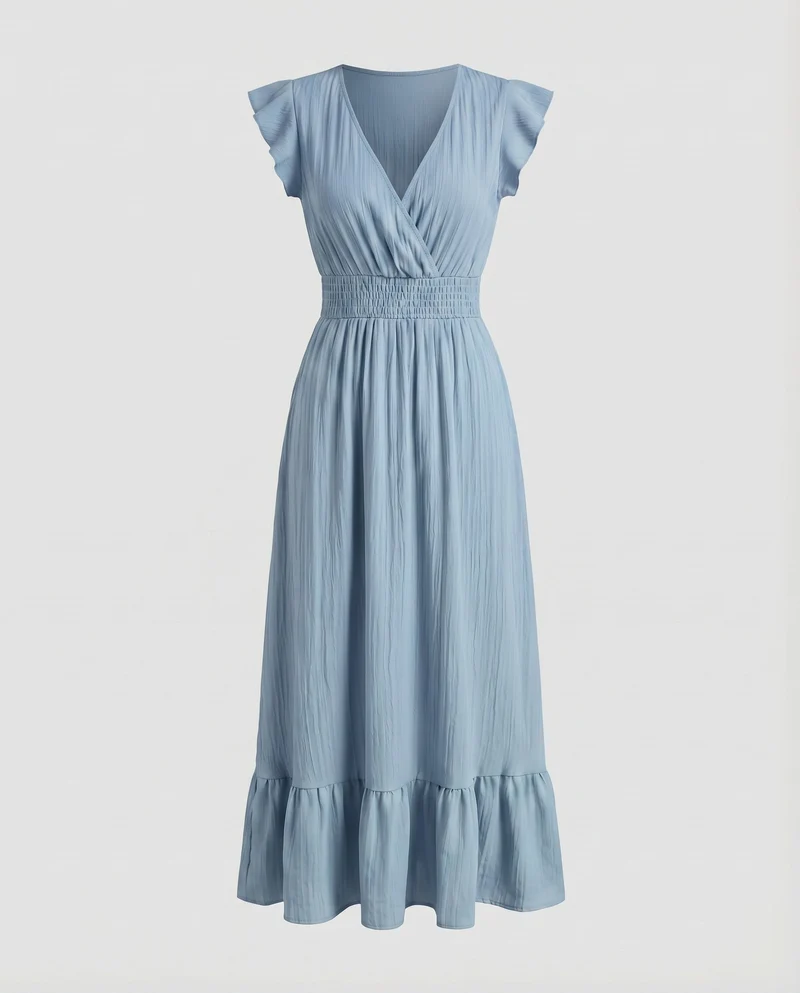 Damen Maxi-Wickelkleid Smokbund Volantstufe Flügelärmel