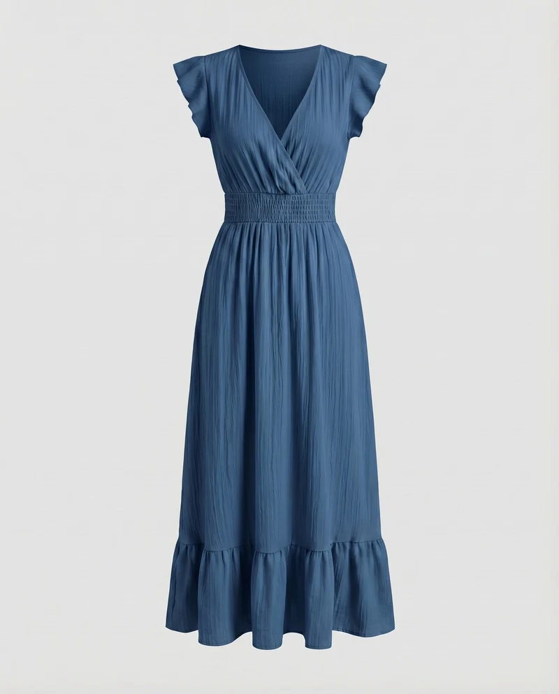 Damen Maxi-Wickelkleid Smokbund Volantstufe Flügelärmel