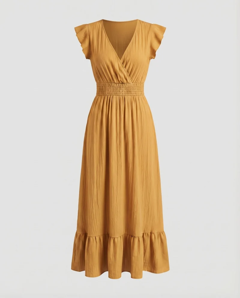 Damen Maxi-Wickelkleid Smokbund Volantstufe Flügelärmel