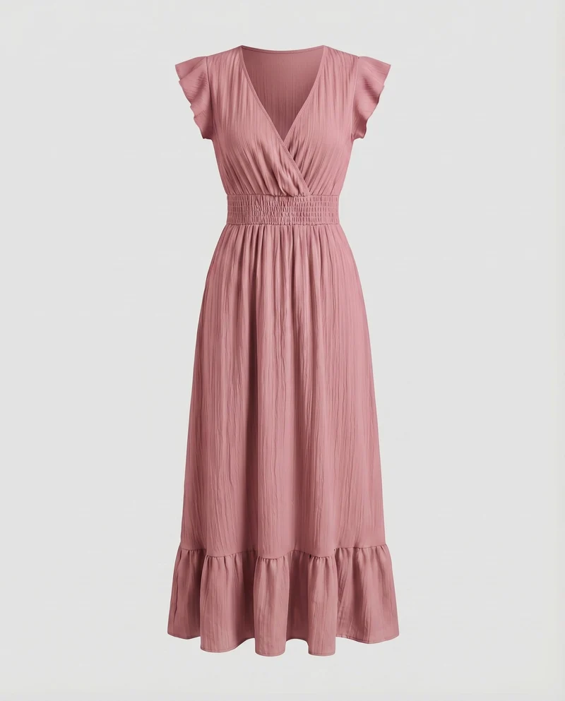 Damen Maxi-Wickelkleid Smokbund Volantstufe Flügelärmel