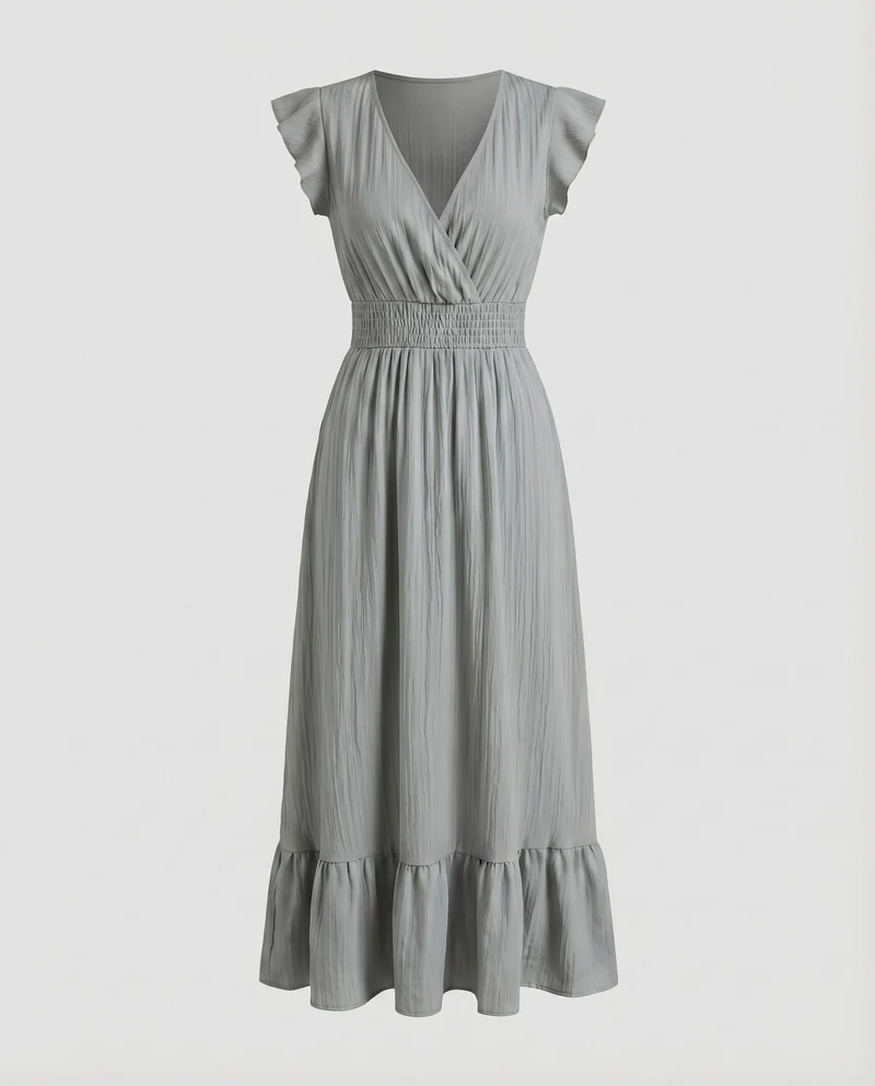 Damen Maxi-Wickelkleid Smokbund Volantstufe Flügelärmel