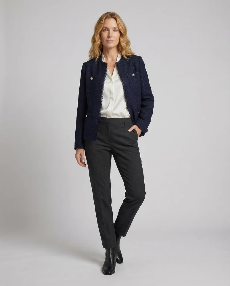 Damen Kragenlose Bouclé-Jacke Fransenbesatz