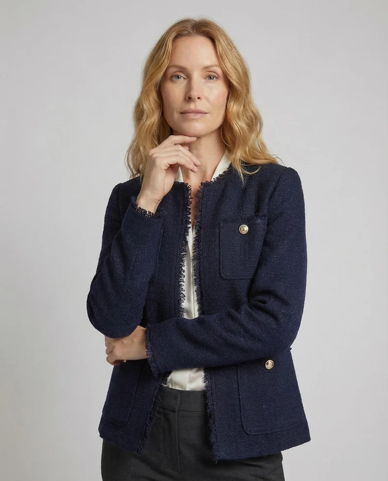 Damen Kragenlose Bouclé-Jacke Fransenbesatz