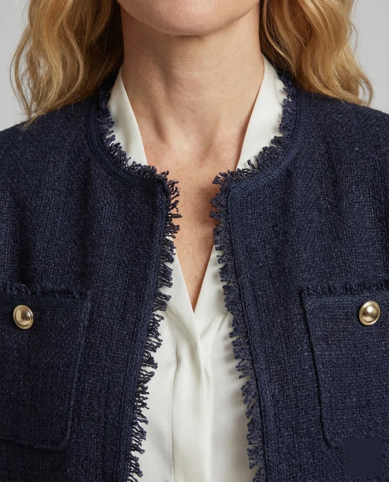Damen Kragenlose Bouclé-Jacke Fransenbesatz