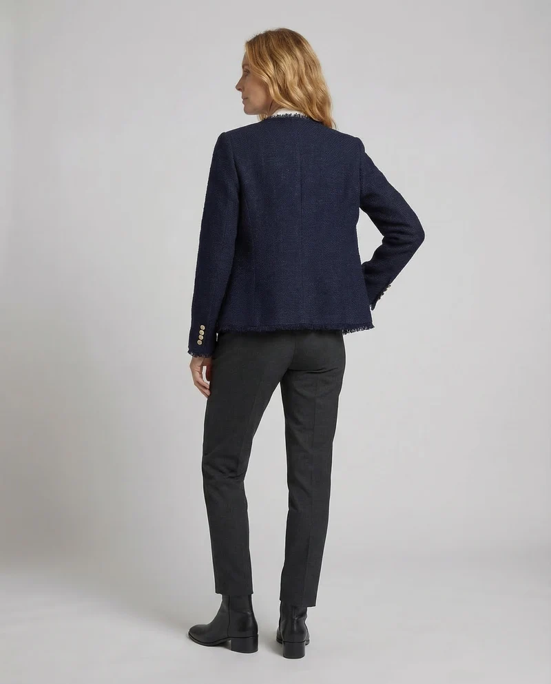 Damen Kragenlose Bouclé-Jacke Fransenbesatz
