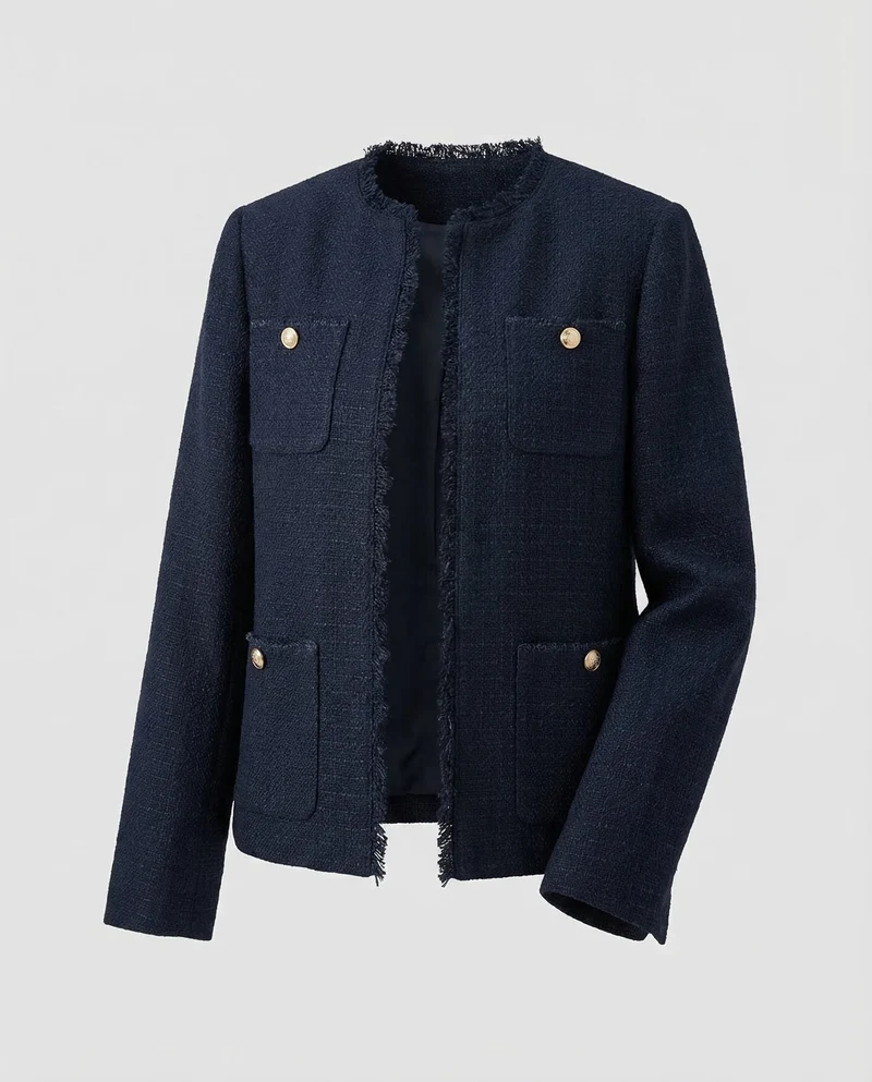 Damen Kragenlose Bouclé-Jacke Fransenbesatz
