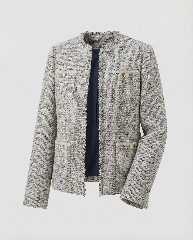 Damen Kragenlose Bouclé-Jacke Fransenbesatz
