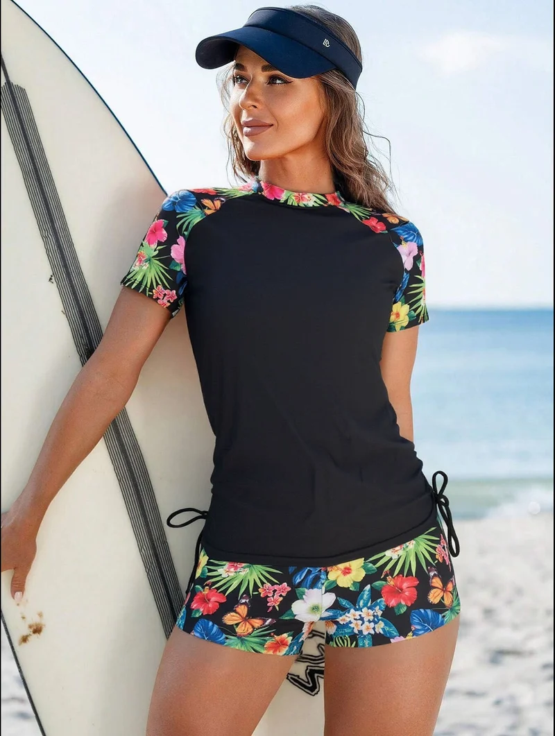 Damen Sportlicher Surfanzug mit floralem Muster und seitlichem Rüschendetail