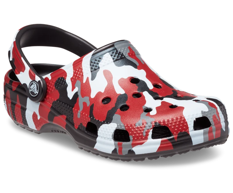 Crocs Klassischer, bedruckter Unisex-Camouflage-Clog – Schwarz / Rot