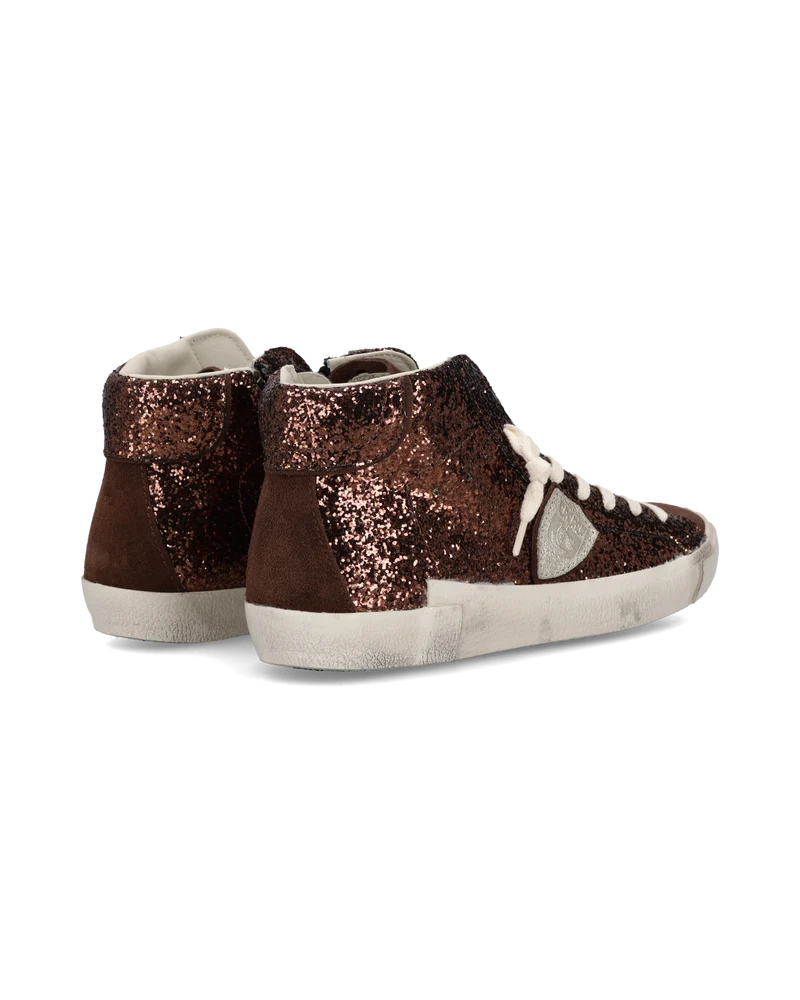 Sneakers Prsx High Women with Glitter Upper, Brown Platinum