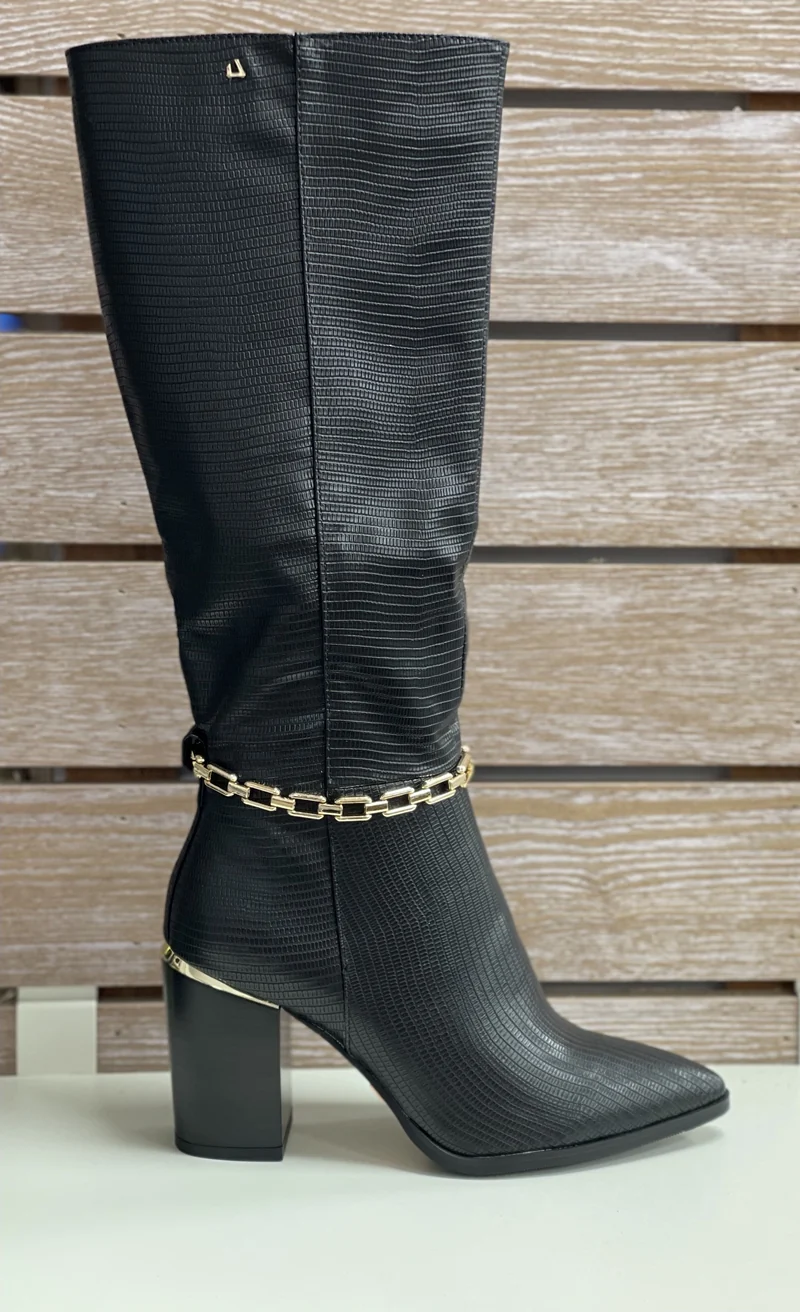 Una Healy Hoher Damen-Modestiefel – schwarze Vinyl-Kette