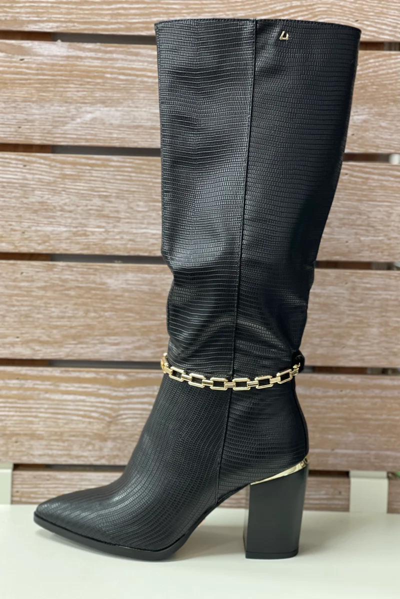 Una Healy Hoher Damen-Modestiefel – schwarze Vinyl-Kette