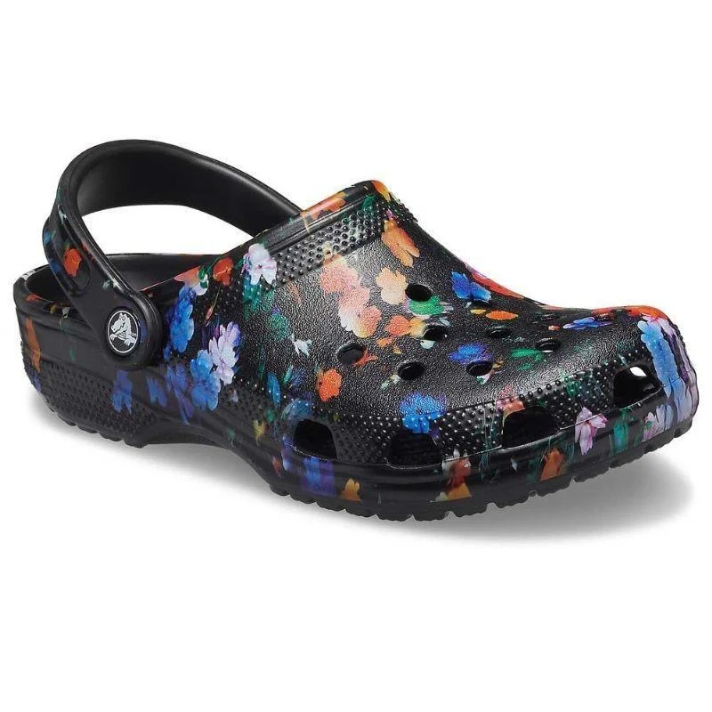 Crocs Klassische Unisex-Clogs mit Blumenmuster – Schwarz