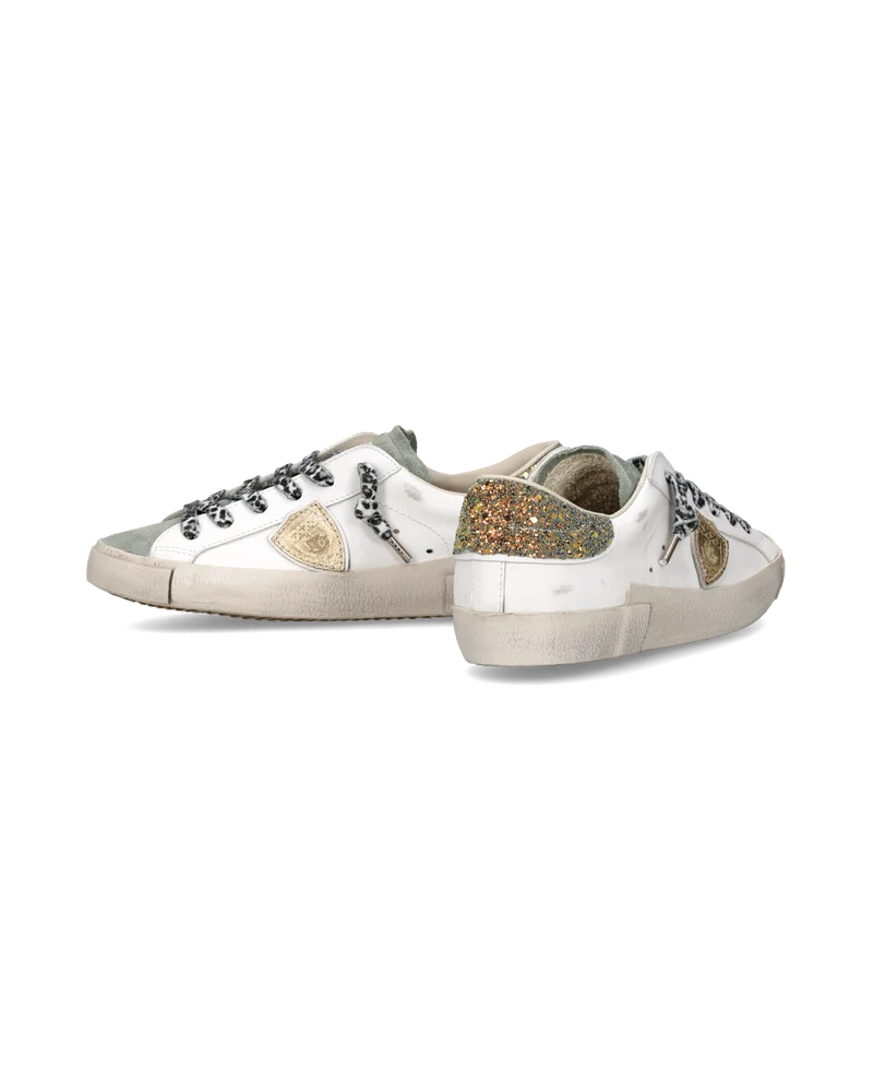 Sneakers Prsx Women with Glitter heel tab, White Light Blue Gold