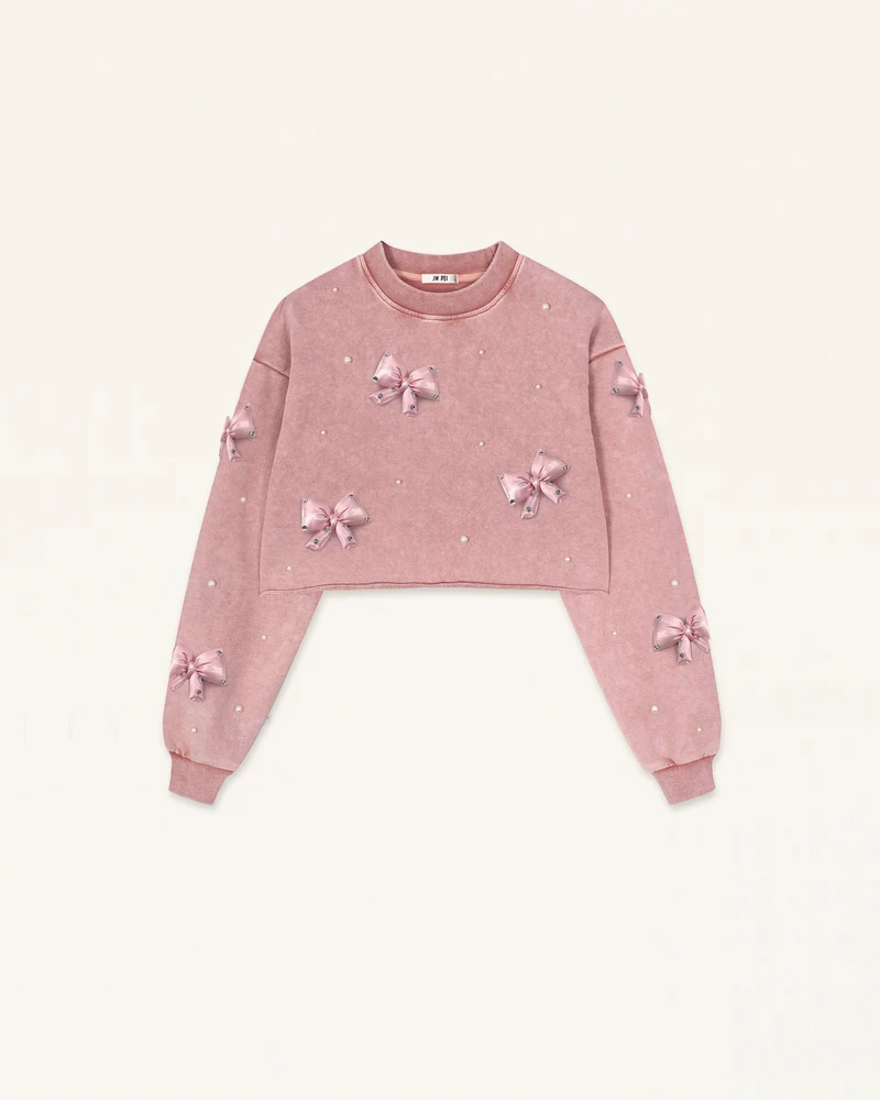 Coquette 3D-Satin-Schleifen-Sweatshirt mit Perlen - Vintage-Rosa