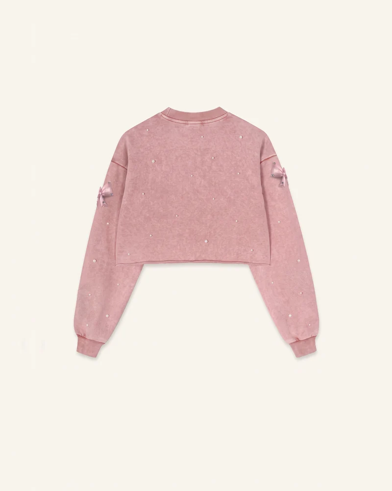 Coquette 3D-Satin-Schleifen-Sweatshirt mit Perlen - Vintage-Rosa