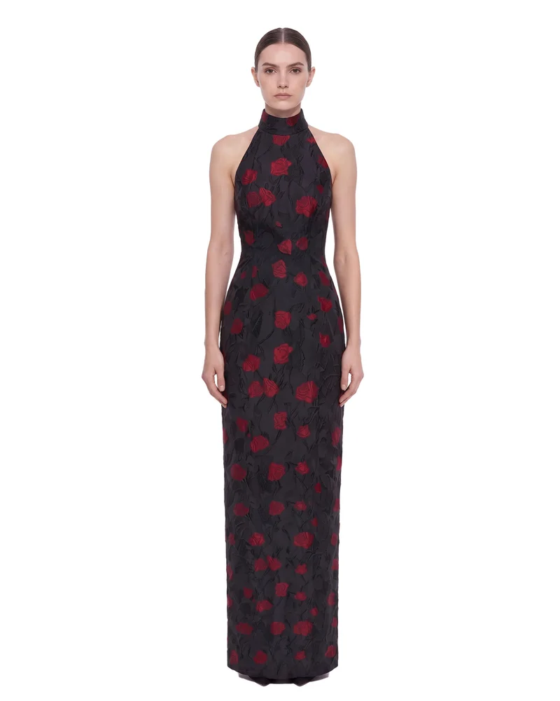 Maxikleid mit floralem Jacquard-Muster, Neckholder und offenem Rücken – Schwarz & Rot