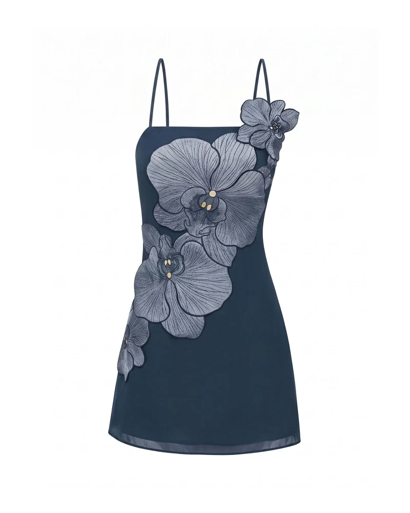 Minikleid mit Orchideen-Applikation – Dunkelblau