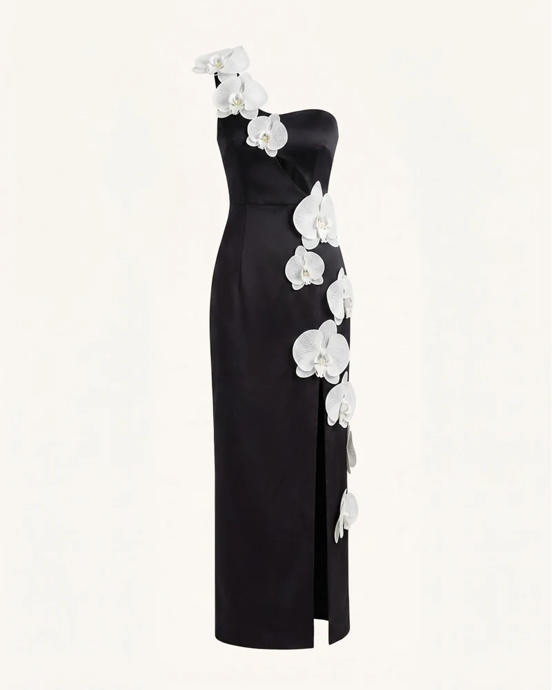 Maxikleid mit Orchideen-Verzierung, Cut-out und Schlitz - Schwarz