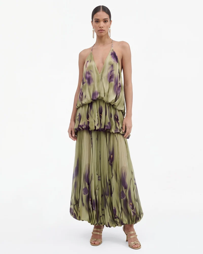 Maxikleid mit Blumenmuster, tiefem Ausschnitt und gestuftem Bubblesaum - Olivgrün