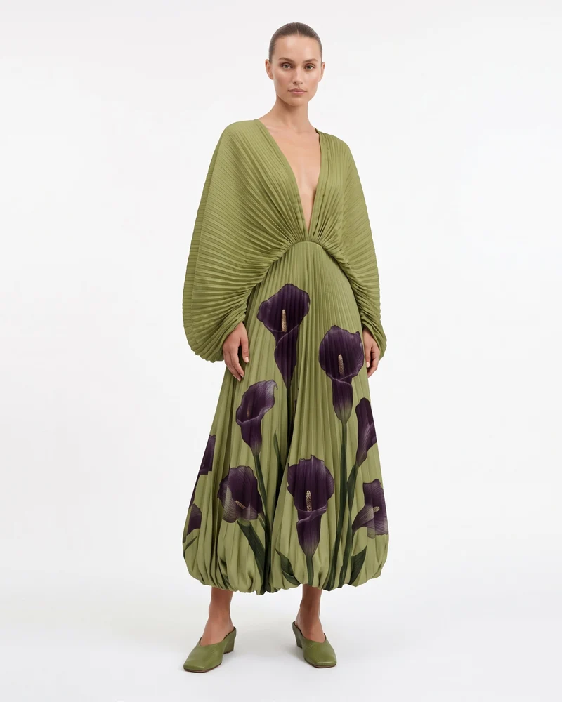Calla Lily Maxikleid mit plissiertem Ballon-Saum - Olivgrün