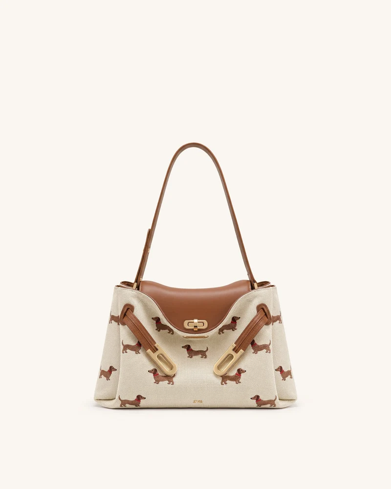 Rhea Schultertasche mit Dackel-Stickerei und Doppelschnalle - Braunes Canvas