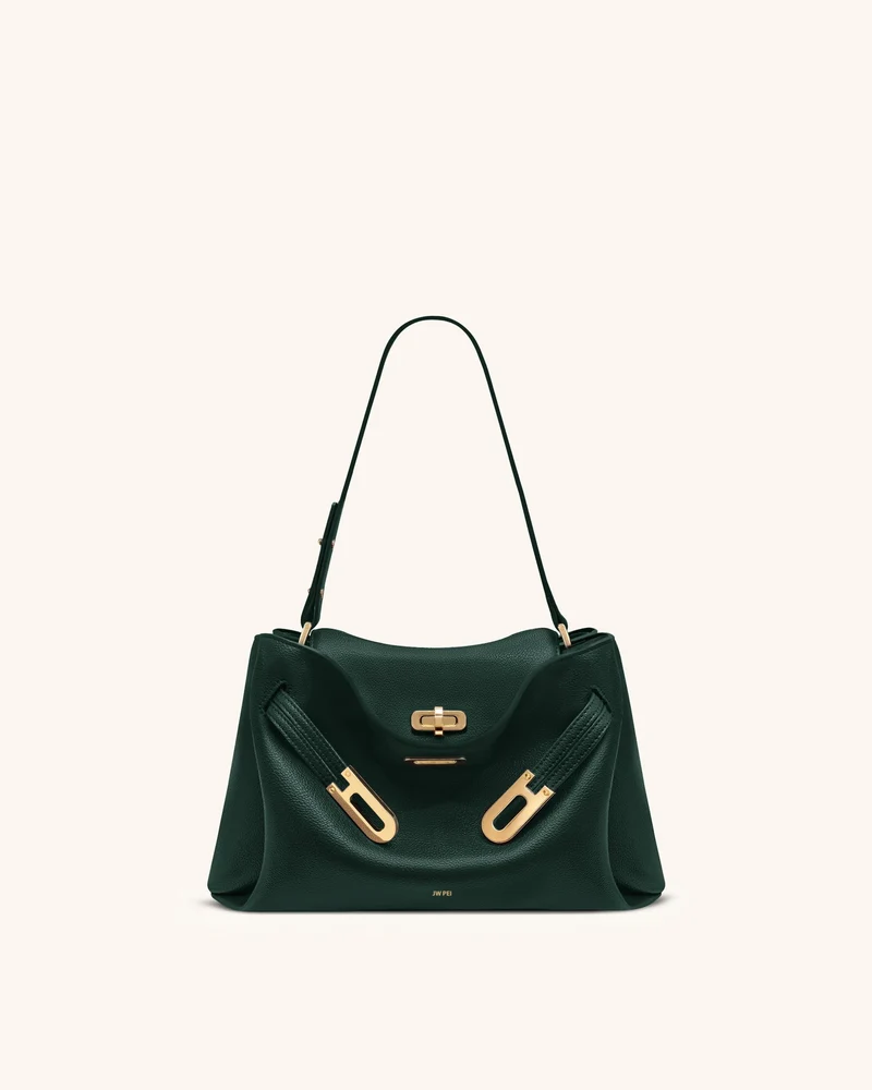 Rhea Schultertasche mit genarbter Oberfläche und Doppelschnalle - Dunkelgrün