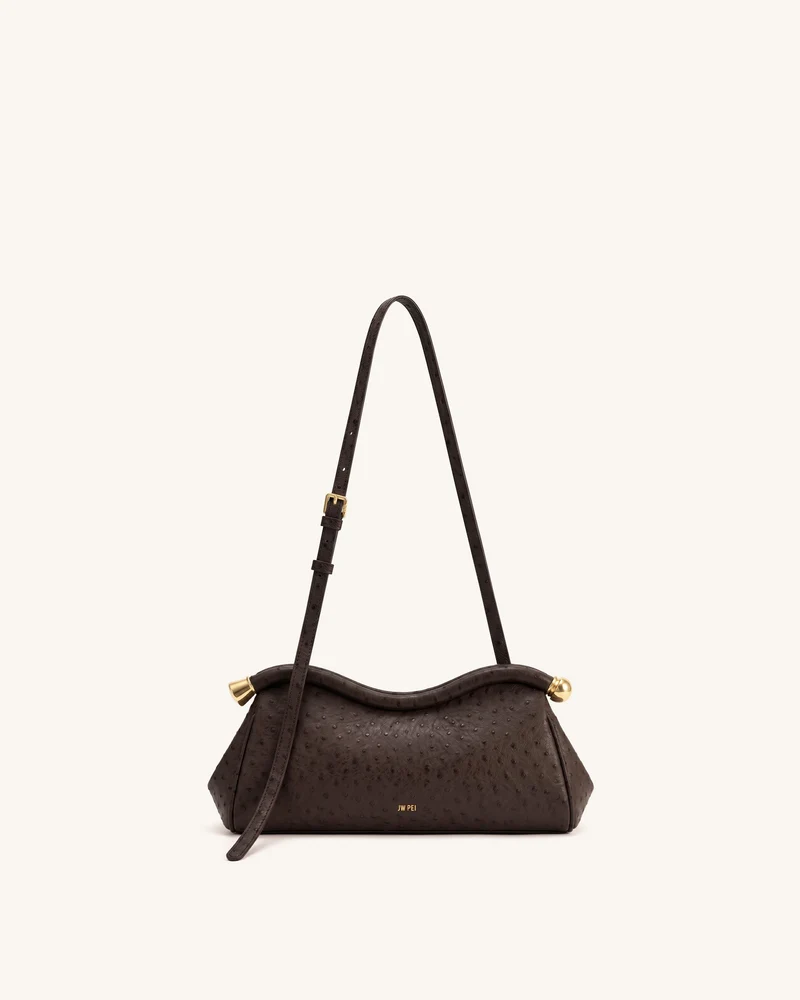 Naomi Geschwungene Schultertasche mit Straußenleder-Prägung - Dunkelbraun
