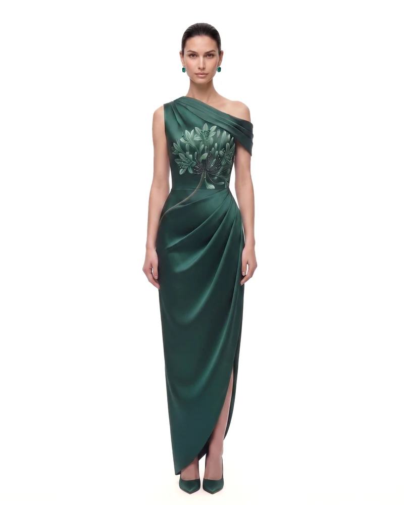 Floral gemustertes Maxikleid mit One-Shoulder-Träger, Drapierung und Schlitz - Smaragdgrün