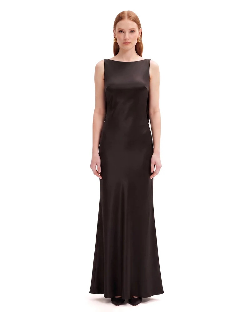 Tulpen-Applikation Maxikleid aus Satin mit Wasserfallausschnitt im Rücken - Schwarz