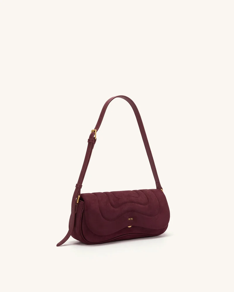 Tina Geschwungene Schultertasche aus gestepptem Wildlederimitat - Tiefburgunder