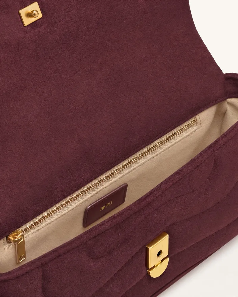 Tina Geschwungene Schultertasche aus gestepptem Wildlederimitat - Tiefburgunder