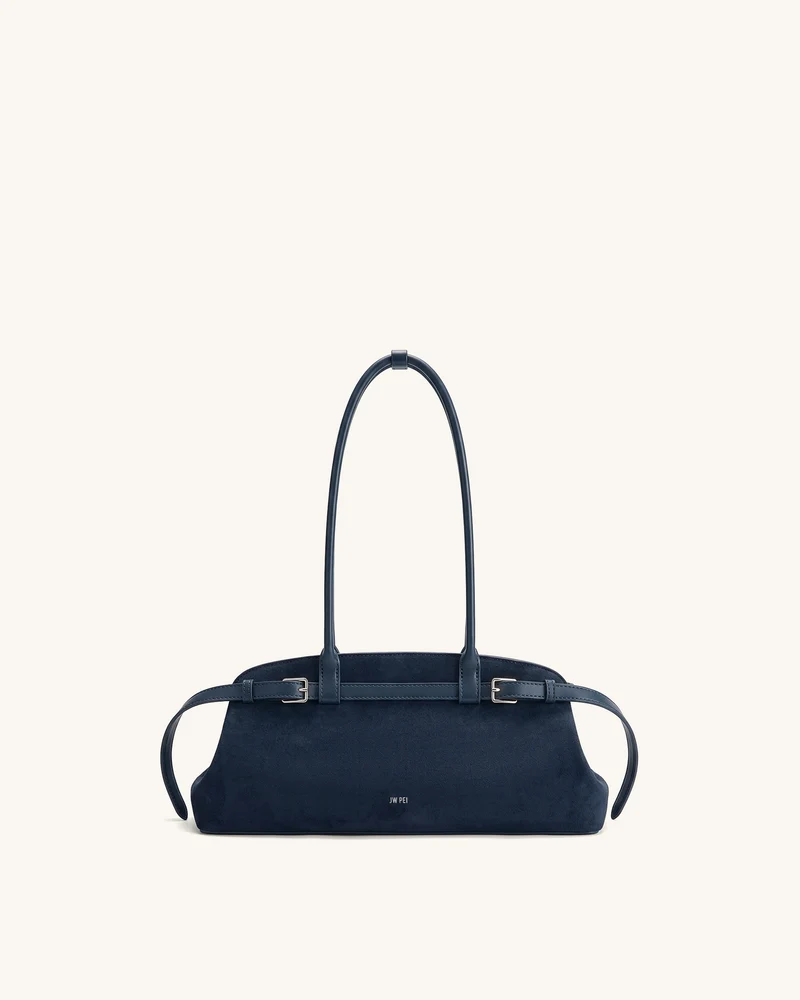 Arden Schultertasche im Querformat aus Wildlederimitat mit Gürteldetail - Marineblau