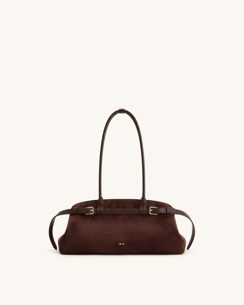 Arden Schultertasche im Querformat aus Wildlederimitat mit Gürteldetail - Kaffeebraun