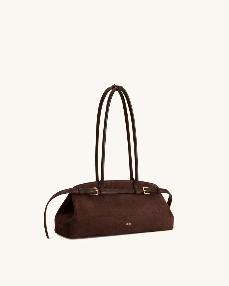 Arden Schultertasche im Querformat aus Wildlederimitat mit Gürteldetail - Kaffeebraun