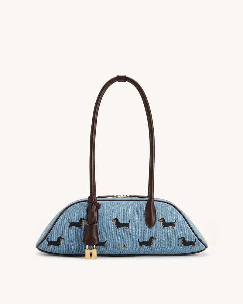 Zora Schultertasche mit Welpen-Stickmuster - Blauer Denim