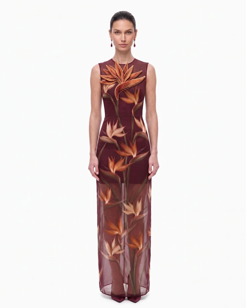 Durchsichtiges Säulen-Maxikleid mit Paradiesvogel-Applikation - Burgunderrot
