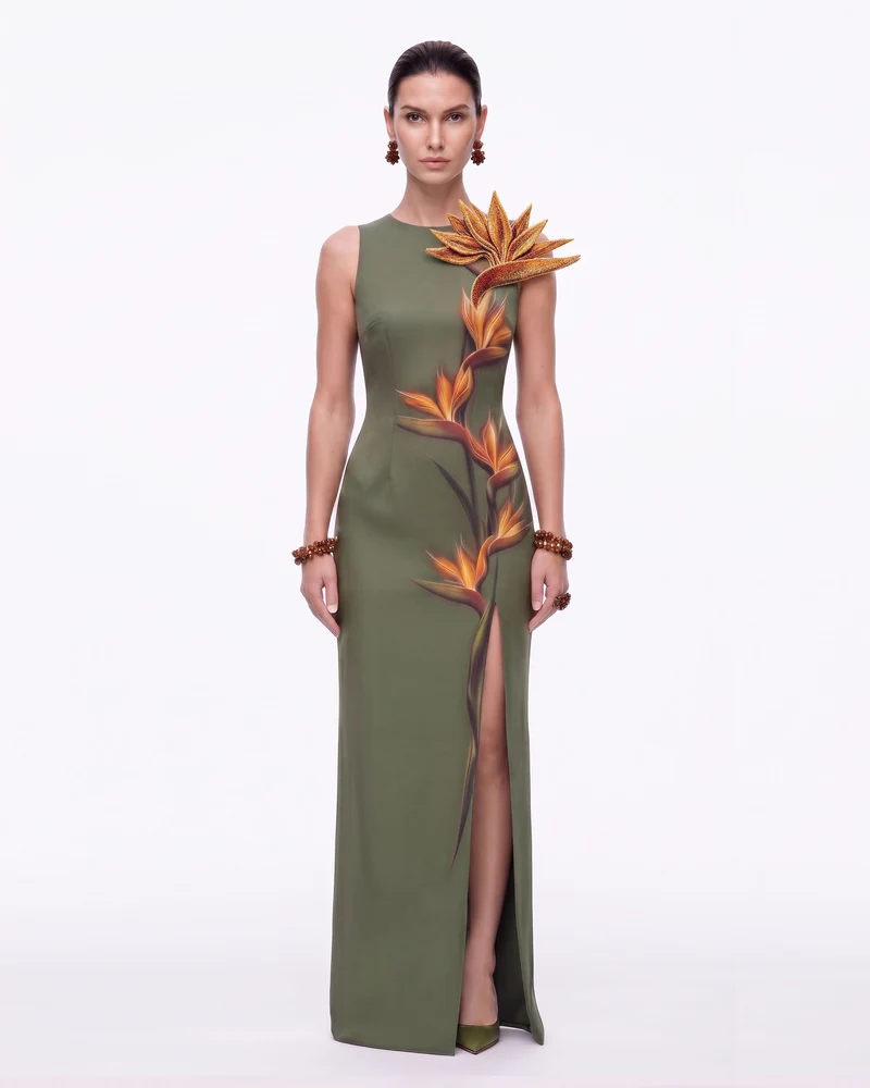 Maxikleid mit Schlitz und Paradiesvogel-Applikation - Olivgrün