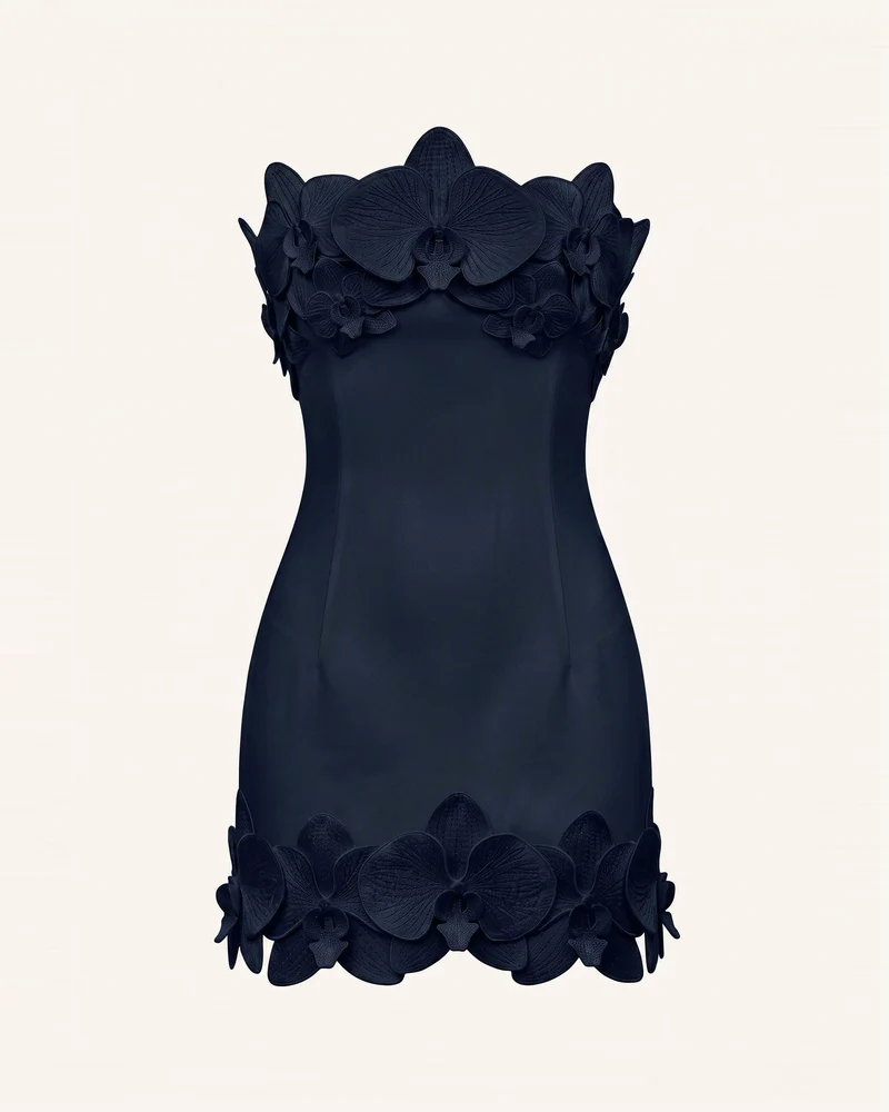 Trägerloses Minikleid mit Orchideen-Besatz – Dunkelblau