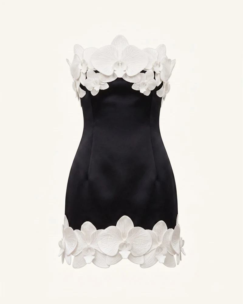 Trägerloses Minikleid mit Orchideen-Besatz – Schwarz & Elfenbein